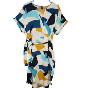 Emery Rose Blue Geometric Print V Neck Short Sleeve Belted Dress Sz 2XL